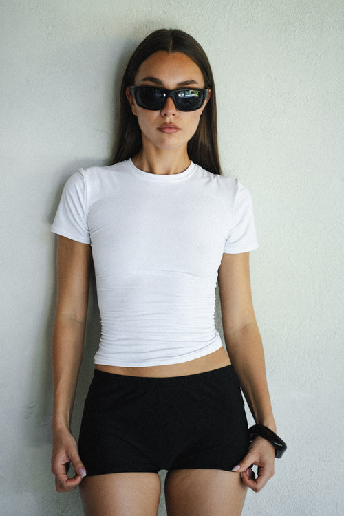 TEE-SHIRT COL ROND MANCHES COURTES CROP SARI MATA#COLOR_BLANC